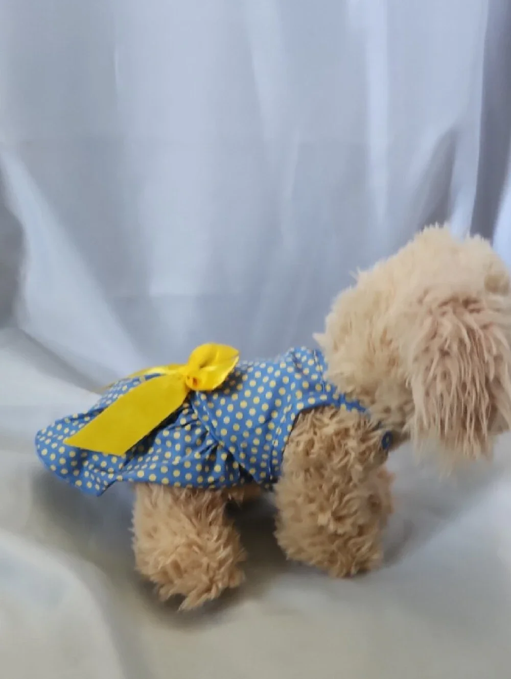 Source Unknown Blue and Yellow Polka Dot Dog Dress with Yellow Bow